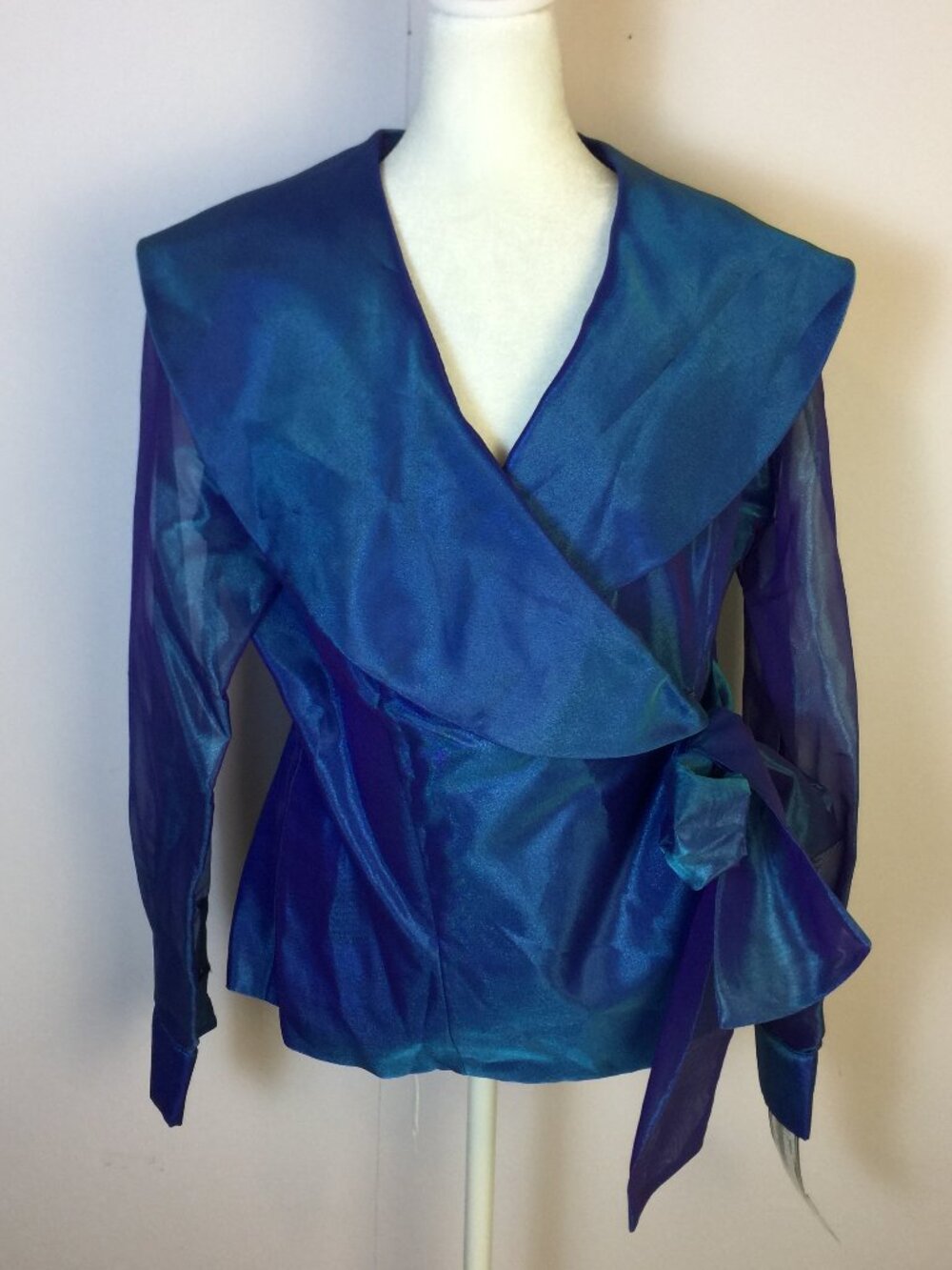 New! Helene Blake Evening Blue Crossover Wrap Blouse Size M Womans Sheer Sleeve